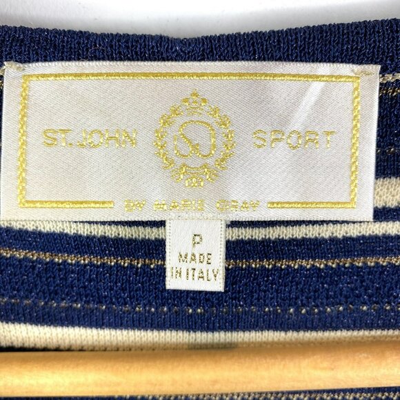 St John Sport Cardigan Sweater Womens Size Small Navy Blue Gold Striped Holiday - Picture 2 of 5